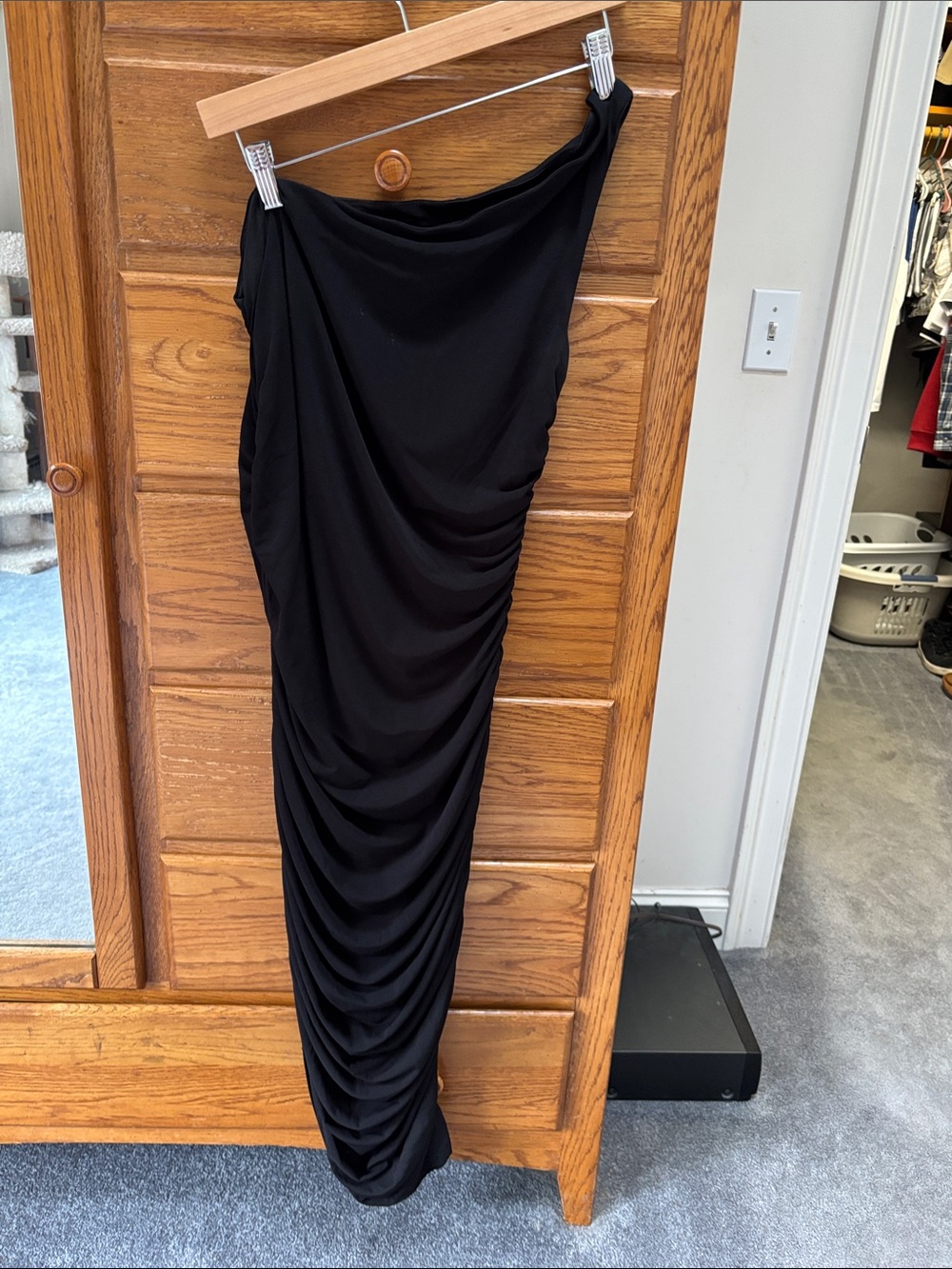 Lulu's Black Ruched Draped Maxi dress with Side Gather